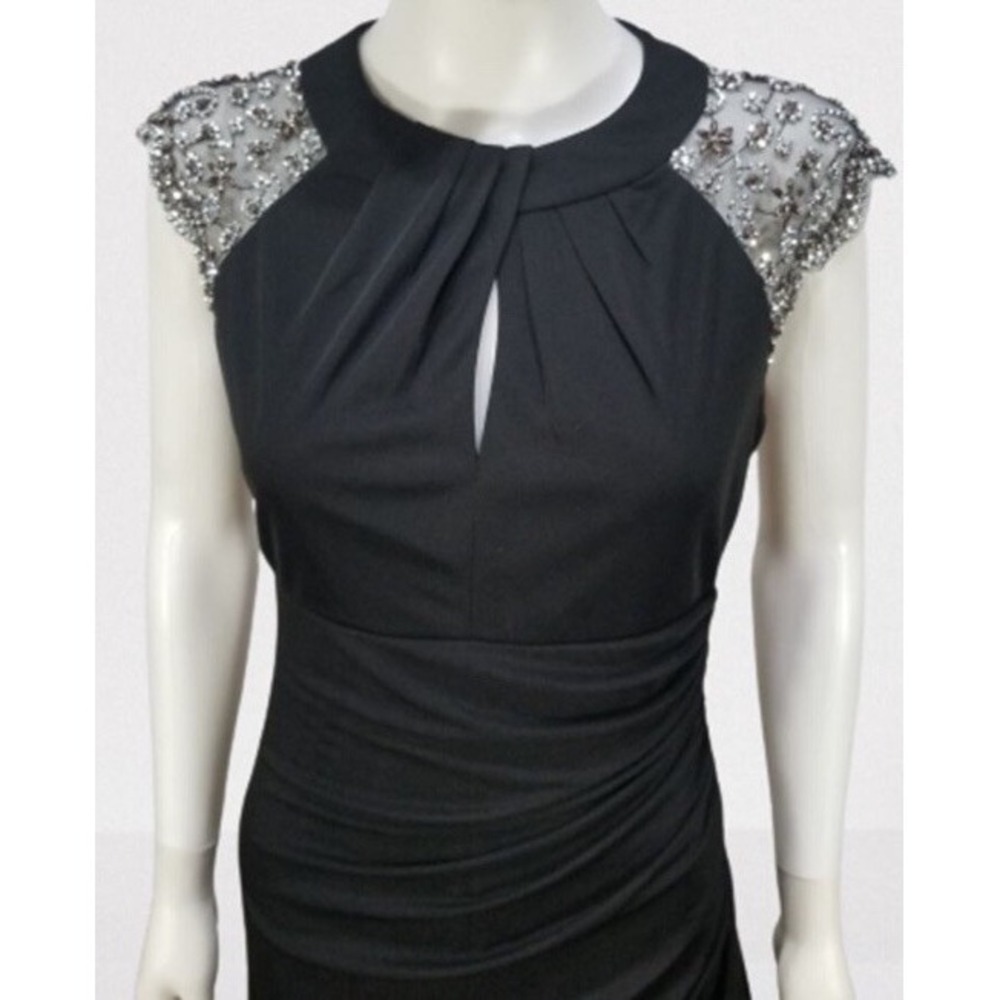 Betsy & Adam Black Halter Maxi Evening Gown Rouging Embellished Shoulders Sz 8